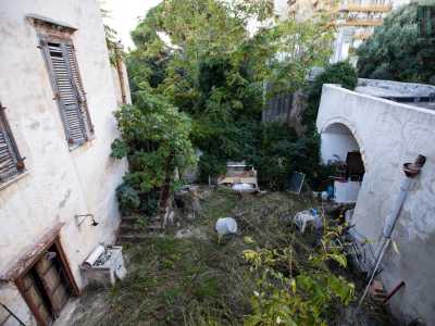 Decidiamo di salire con una scala a pioli sul tetto. Da qui riusciamo a intravedere il cortile interno della masseria, dominato da piante e materiale di ogni genere...